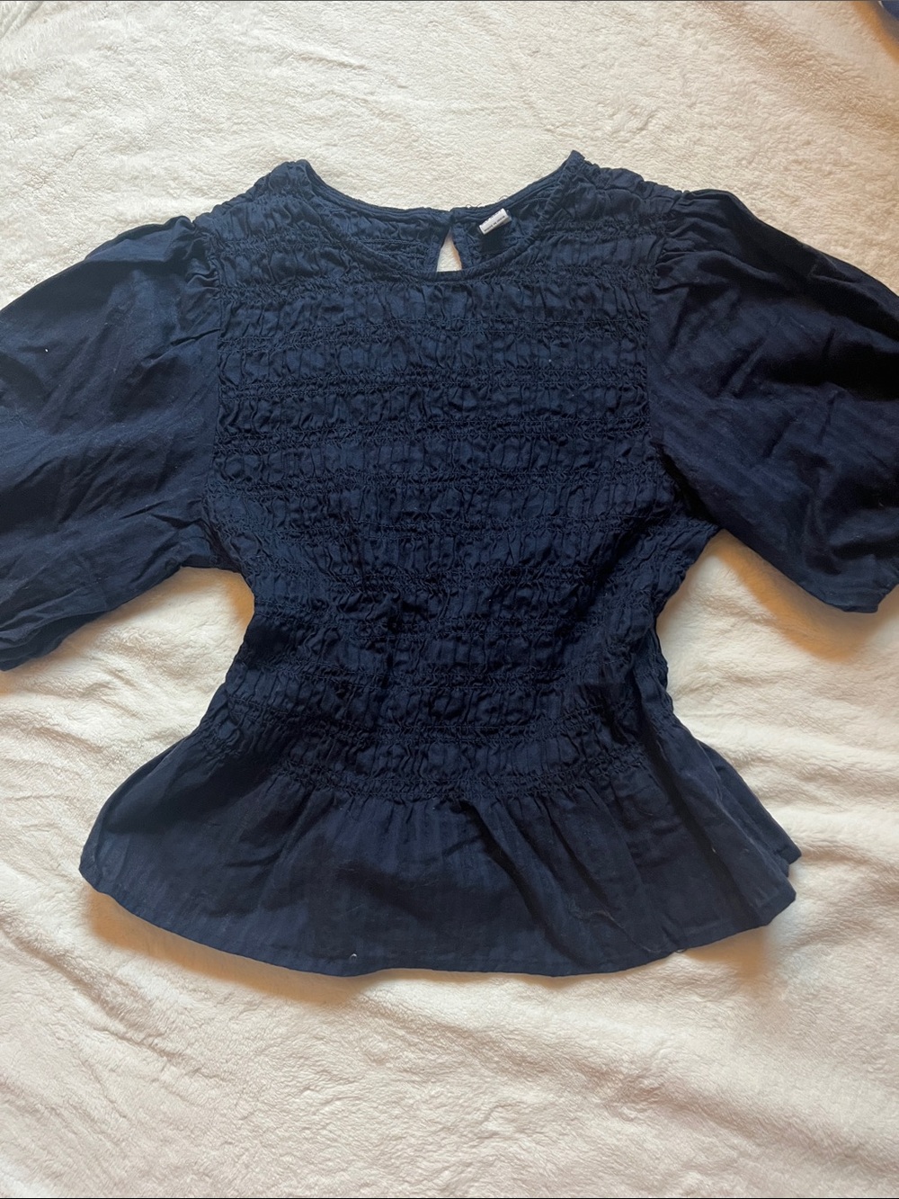 Old Navy Navy Smocked Puff-Sleeve Peplum Top